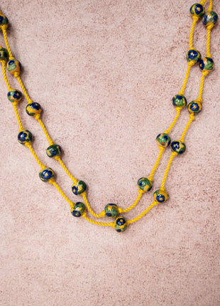 Handmade Blue Pottery Bead Evil Eye Long Necklace(Yellow)