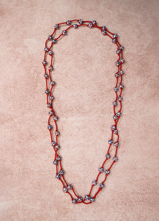 Handmade Blue Pottery Bead Evil Eye Long Necklace(Red)