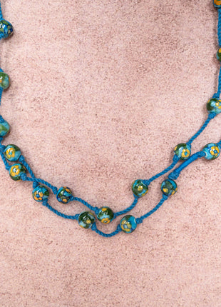 Handmade Blue Pottery Bead Evil Eye Long Necklace(Turquoise)