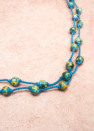 Handmade Blue Pottery Bead Evil Eye Long Necklace(Turquoise)