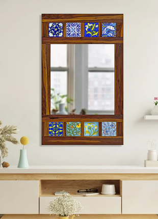 Decorative Mirror with Boho Side Stripes Adorned with Assorted Blue Pottery Tiles