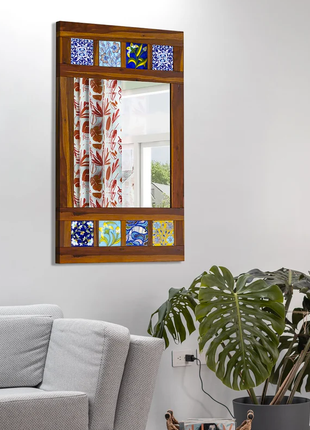 Decorative Mirror with Boho Side Stripes Adorned with Assorted Blue Pottery Tiles