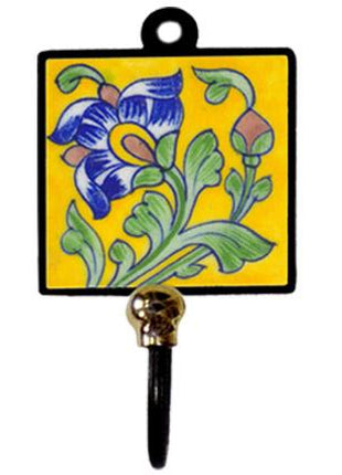 Blue Pottery Square Iron Wall Hook - Yellow, Green, Blue and Pink with Flowers