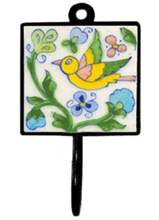 Blue Pottery Square Iron Wall Hook - Pink, Blue, Yellow, Green and Turquoise Bird with Flowers