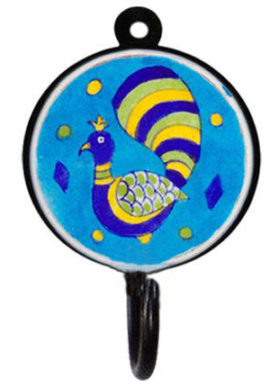 Blue Pottery Round Iron Wall Hook - Turquoise, Blue, Yellow and Green Peacock