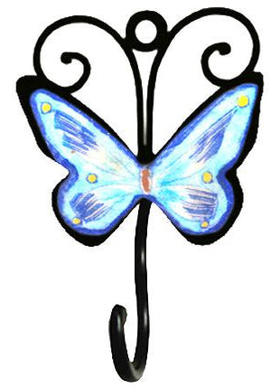 Blue Pottery Iron Wall Hook - Blue, Turquoise and Yellow Butterfly