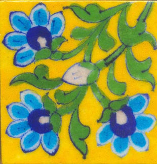 Blue and turquoise flower with green leaves on yellow tile (3x3-BPT19)