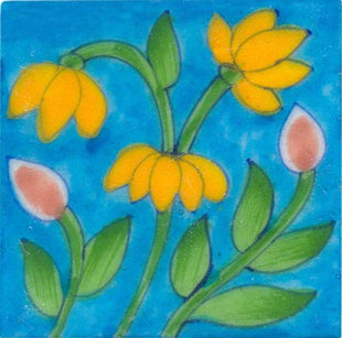 nice yellow flower with green leaves on turquoise tile 3x3