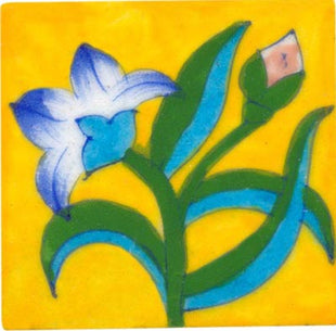 green and turquoise leaves with blue shaded flower on yellow tile 3x3