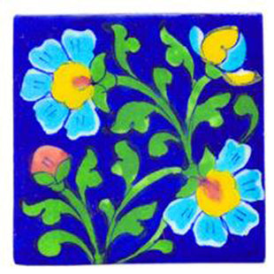Blue Tile with Turquoise, Yellow and Pink Flowers and Green Leaves (3x3-bpt02)
