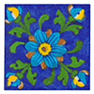 Turqouise, pink, yellow and green flower on blue tile (3x3-bpt07)