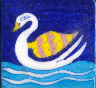 White, blue & yellow duck with turquoise wave on blue tile (3x3-bpt20)