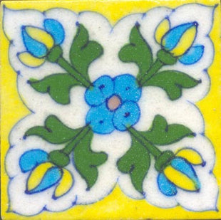 Yellow tile with turquoise flower & green leaves on white space (3x3-bpt23)