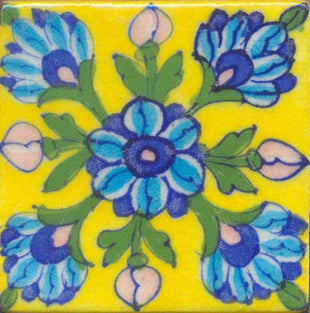 Yellow tile with blue flower, green leaves (3x3-bpt24)