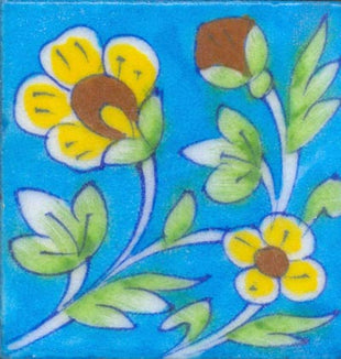 Yellow & brown flower with green leaves on turquoise tile (3x3-bpt25)