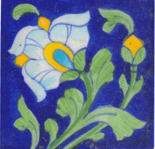 white and yellow flower with green leaves on blue tile 3x3