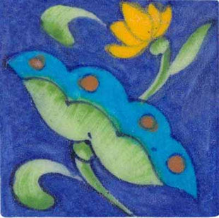 Yellow, turquoise and green flower on blue tile 3x3