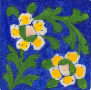 yelllow and green flowers on blue tile 3x3