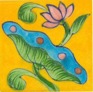 yellow tile with green pink and turquoise flower 3x3