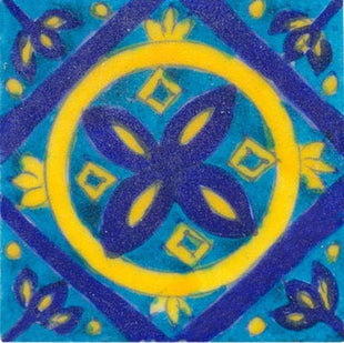 yellow and blue pattern on turquoise tile 3x3