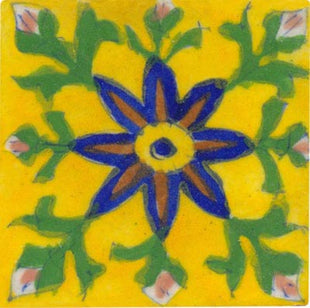 yellow tile with brown and blue green flower 3x3