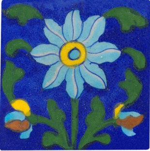 turquoise green flower on blue tile 3x3