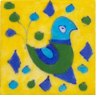 turquoise green bird on yellow tile 3x3