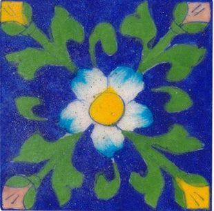 white &turquoise flower with green leaves on blue tile 3x3