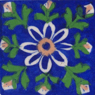 white green flower on blue tile 3x3