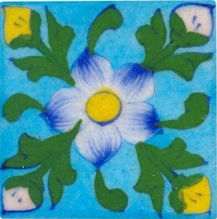 white & blue flower with green leaves on turquoise tile 3x3