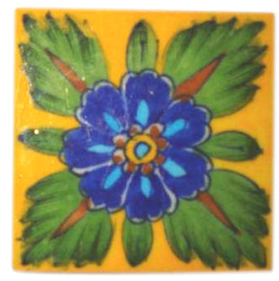 Blue and Turqouise flower with brown and green leaves on yellow tile (3x3-bpt04)