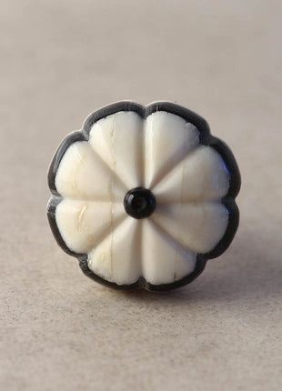 Vintage White Floral Resin Bone Drawer Cabinet Knob Black Border