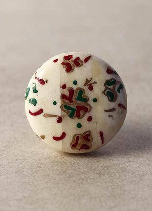 Round White Resin Bone Kitchen Cabinet Knob With Red And Green Prints