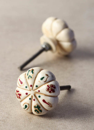 Red And Green Designs On Flower Shaped White Resin Bone Cupboard Knob