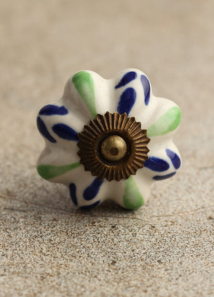Floral White Ceramic Door Knob With Blue And Green Print