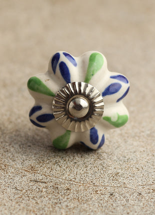 Floral White Ceramic Door Knob With Blue And Green Print