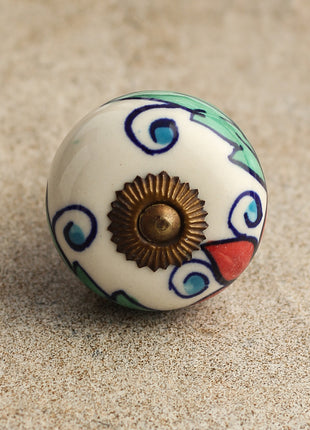 White Ceramic Designer Knob With Red, Turquoise And Blue Floral Design