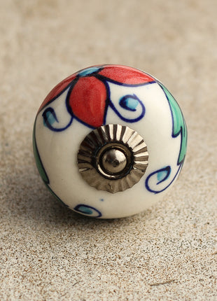 White Ceramic Designer Knob With Red, Turquoise And Blue Floral Design