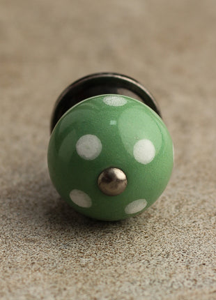 Green Round Knob With Hand Painted White Polka Dots