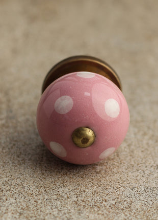 Designer Round Pink Cabinet Knob With White Polka Dots