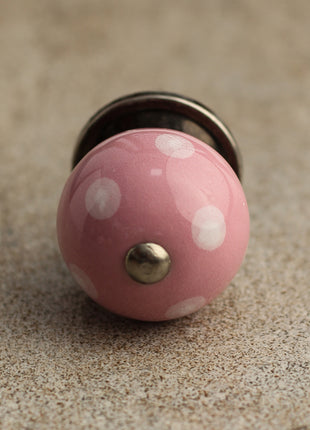 Designer Round Pink Cabinet Knob With White Polka Dots