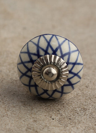 Geometric Blue Pattern On White Ceramic Dresser Knob
