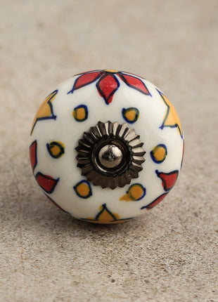 Stylish White Round Ceramic Dresser Knob With Multicolor Print