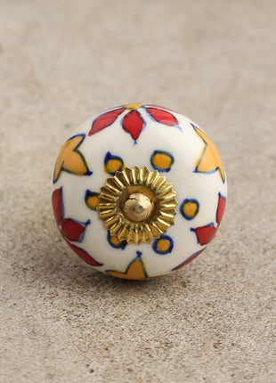 Stylish White Round Ceramic Dresser Knob With Multicolor Print