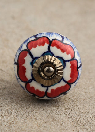 White Base Cabinet Knob With Red And Blue Floral Design