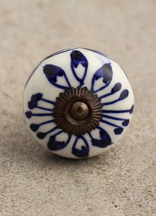 Designer White Ceramic Knob With Handpainted Blue Flower