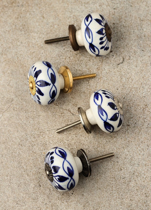 Designer White Ceramic Knob With Handpainted Blue Flower