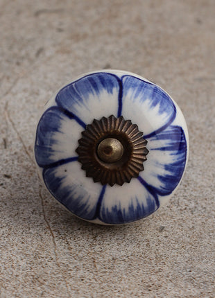 Designer White Ceramic Drawer Cabinet Knob With Blue flower