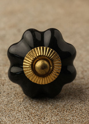 Solid Black Handmade Flower Shape Ceramic Cabinet Knob
