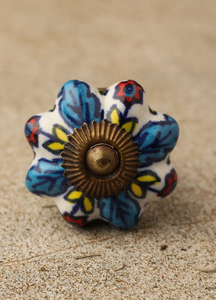 White Base Ceramic Knob With Multicolor Flower And Leaf
